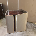 Sculptural Rounded Sofa Side Table with Dark Natural Wood Veneer Top Beige Curved Body and Gold-Tone Stainless Steel Trim